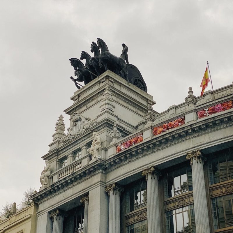 quadriga sculpture on the headquarters of the ministry of the environment and territorial planning in madrid